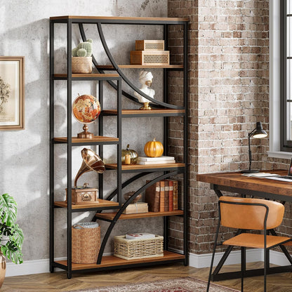 Tribesigns Bookcase, 180 cm, 9 Tier Shelf, Large Geometric Bookcase with Open Compartments, Free Standing Wood and Metal Shelf for Living Room, Industrial Design, Brown and Black
