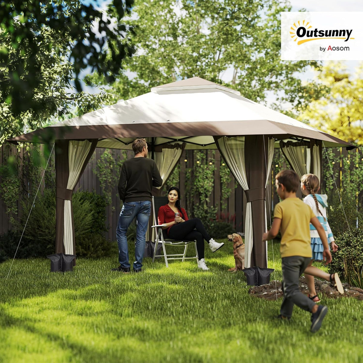 Outsunny Pavillon 4x4m Wasserdicht Höhenverstellbar Pop-up Faltpavillon mit Netzwänden UV 50+ Faltbar Partyzelt Gartenzelt mit Tragetasche Sandsäcke Gartenpavillon für Camping Garten Festival, Beige - QUORE