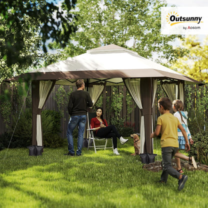 Outsunny Pavillon 4x4m Wasserdicht Höhenverstellbar Pop-up Faltpavillon mit Netzwänden UV 50+ Faltbar Partyzelt Gartenzelt mit Tragetasche Sandsäcke Gartenpavillon für Camping Garten Festival, Beige - QUORE