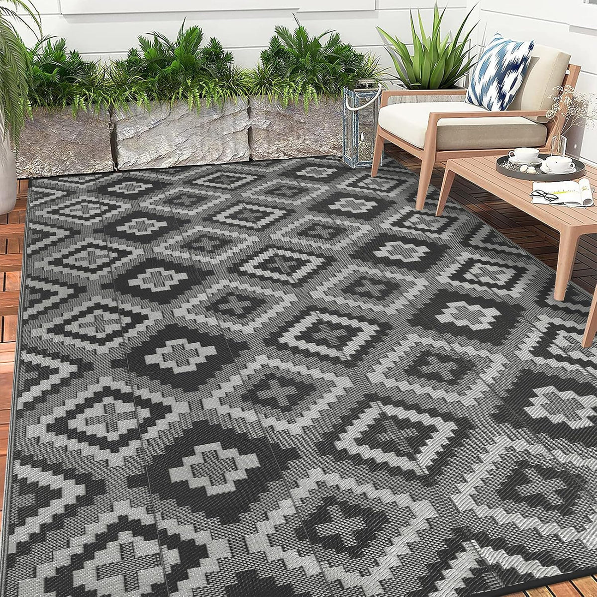 Buiten Vloerkleed - Buitenkleden - Buitentapijt - Opvouwbaar - UV-bestendig - Waterdicht - Buitenmatten - voor Buiten - Balkon - Strand - Picknick -Terras - Rechthoekig - 240 x 300 cm - Zwart/Grijs