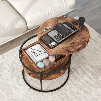 HOJINLINERO Ronde salontafel met lifttop voor woonkamer, Wsooden salontafel met verborgen opslag en lifttop, moderne sofa thee-eindtafels woonkamermeubels, bruin