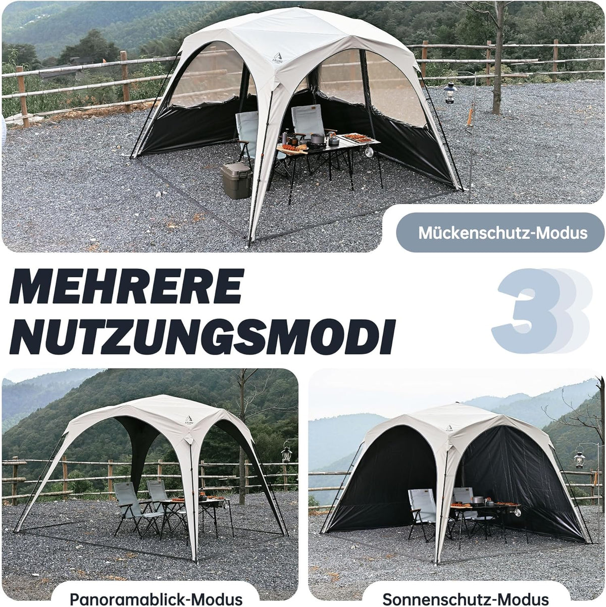 Campingpaviljoen, 3 x 3 m, koepeltent met 4 of 2 x 2-in-1 zijpanelen, waterdicht, zonwering en muggennet met titanium blackout coating, camping, strand en tuintent, pop-up tent, opbouw