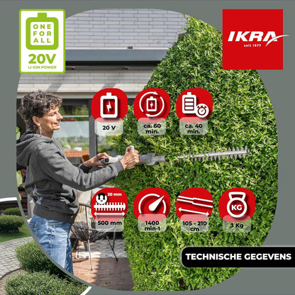 IKRA 2in1 heggenschaar zonder kabel ICPH 2050 met telescoopsteel voor hoge heggen, incl. 2x 20V accu, snellaadstation & schouderriem