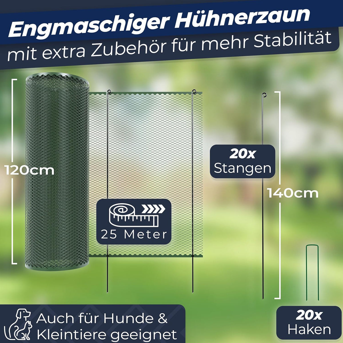 Chicken fence, 120 cm high, 25 m long, the fence for dogs or small animals is particularly tight mesh, stable - no sagging, 20 x fixings, dog fence garden - green