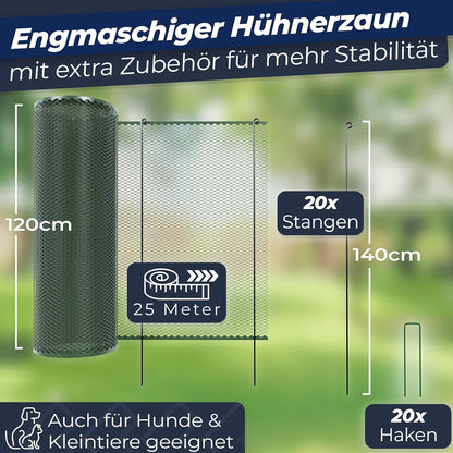 Chicken fence, 120 cm high, 25 m long, the fence for dogs or small animals is particularly tight mesh, stable - no sagging, 20 x fixings, dog fence garden - green