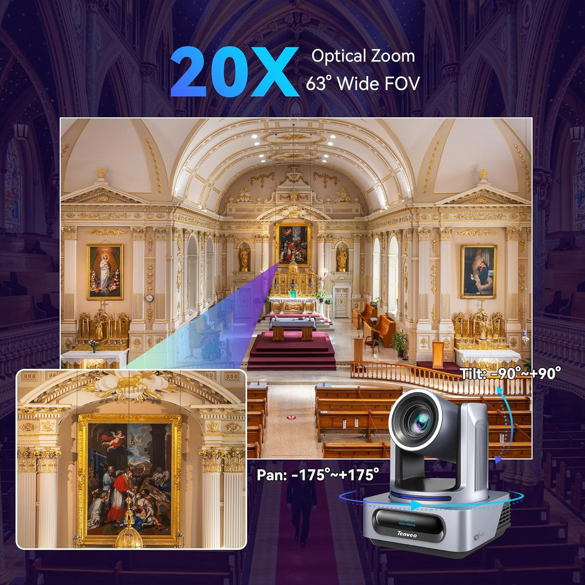 TEVO-VX20A-N-EU Tenveo NDI PTZ-camera met KI- menselijk & gezichtsauto-tracking, 20x optische zoom, 3G-SDI/HDMI/USB3.0/LAN(PoE) live streaming met Tally-licht & IP-display, voor live streaming