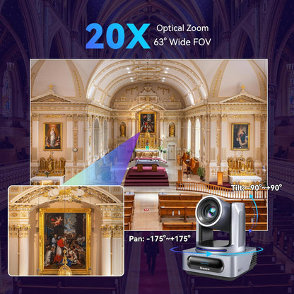 TEVO-VX20A-N-EU Tenveo NDI PTZ-camera met KI- menselijk & gezichtsauto-tracking, 20x optische zoom, 3G-SDI/HDMI/USB3.0/LAN(PoE) live streaming met Tally-licht & IP-display, voor live streaming