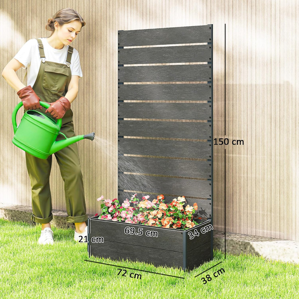 Outsunny Garden Planter with Trellis for Climbing Plants Vine Flowers Freestanding Raised Bed for Garden Outdoor Patio Planter with Drain Grit, 72x38x150cm, Dark Grey - QUORE