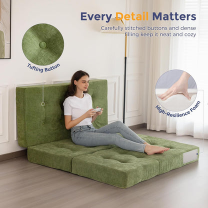 MAXYOYO Opvouwbare Matras Eenpersoons, 15 cm Comfortabele Opvouwbare Matras Met Chenille-Stof, Driekwijd Vloer Futon Bank Bed Voor Gast, Vouwmatras Topper Voor Camping, Lichtgroen, Extra Groot