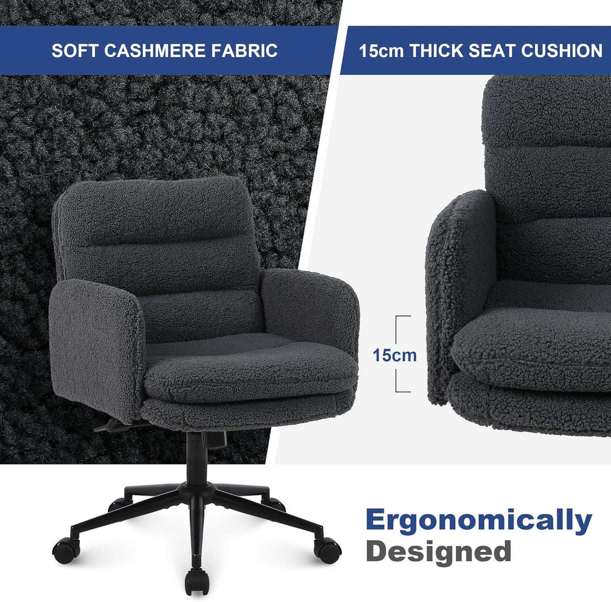 Youhauchair Bureaustoel, Imitatie Kasjmier Office Chair, Comfortabele Make-up Stoel met Verstelbare Hoogte, Ergonomic Chair Bureaustoelen voor Thuis en Slaapkamer, Donkergrijs