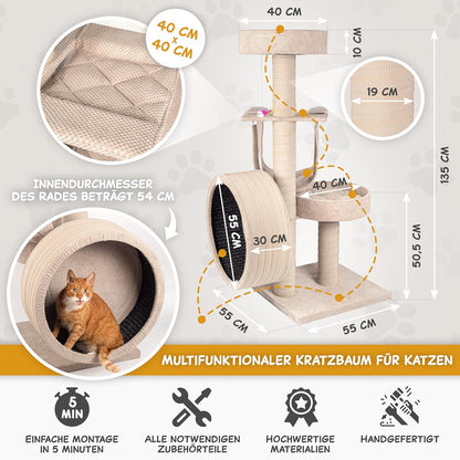 Krabpaal – Krabmeubel – Klimpaal – Kattenboom – Krabton – Beige – 135 cm Hoog – Inclusief Balansfiets