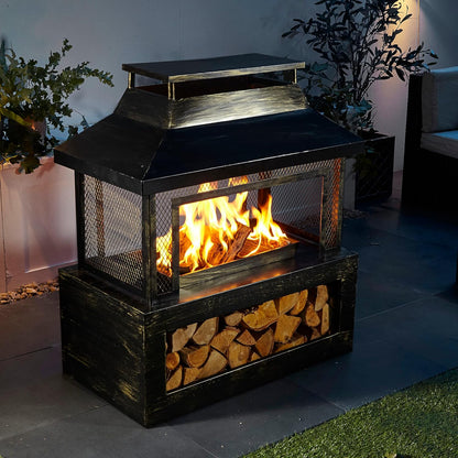Neo Zwart Staal Outdoor Tuin Log Brander Branden Vuurkorf Chiminea Heater Kachel Mesh Surround Opslag