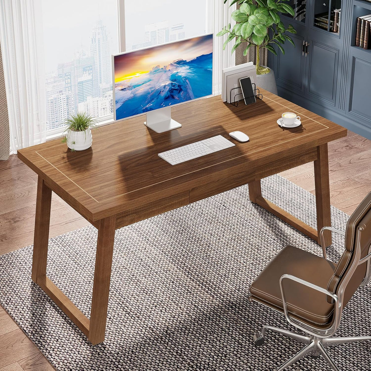 Tribesigns Home Office Executive Desk: 140cm Solid Wood Computer Desk with Drawer, Modern Study Writing Table, Rustic PC Laptop Desk, Workstation Furniture, Walnut Brown