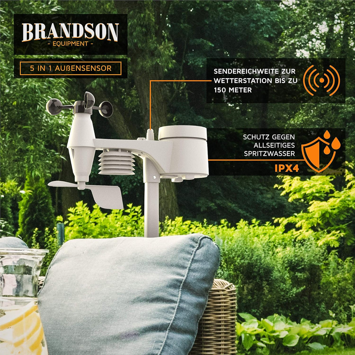 Brandson - Draadloos weerstation met 5-in-1 buitensensor – weergegevens via app – weersvoorspelling – binnen- en buitentemperatuur – windmeter en regensensor – windrichting – lcd-kleurenscherm