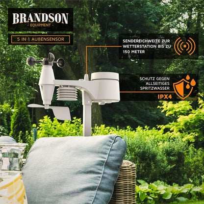 Brandson - Draadloos weerstation met 5-in-1 buitensensor – weergegevens via app – weersvoorspelling – binnen- en buitentemperatuur – windmeter en regensensor – windrichting – lcd-kleurenscherm