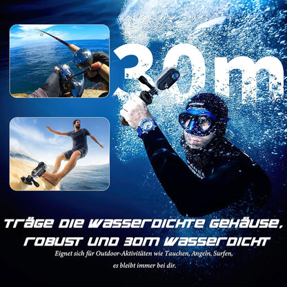 Mini Action Cam WiFi 4K onderwatercamera, waterdicht tot 30 m handsfree voor overal 360° helmcamera voor motorfiets, fiets, bodycam, mini-camera