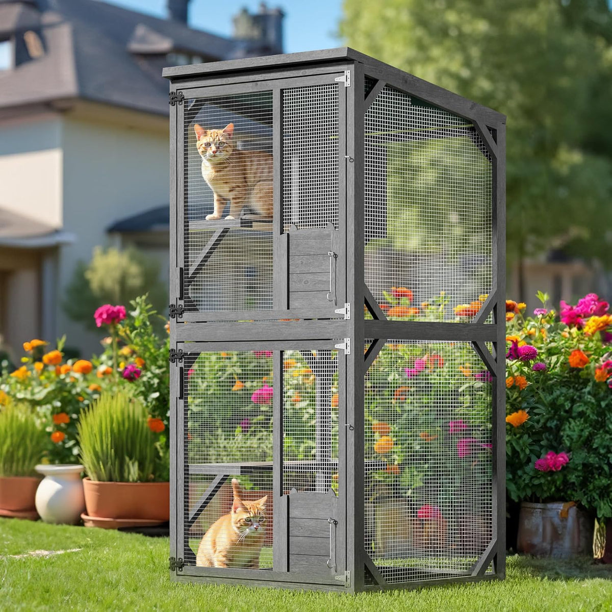 Wiltec buitenverblijf voor katten 74 x 78 x 180 cm, kattenvolière van dennenhout, kattenhuis met 3 niveaus en wielen, kattenverblijf voor tuin, balkon, kattenhut voor katten en dieren