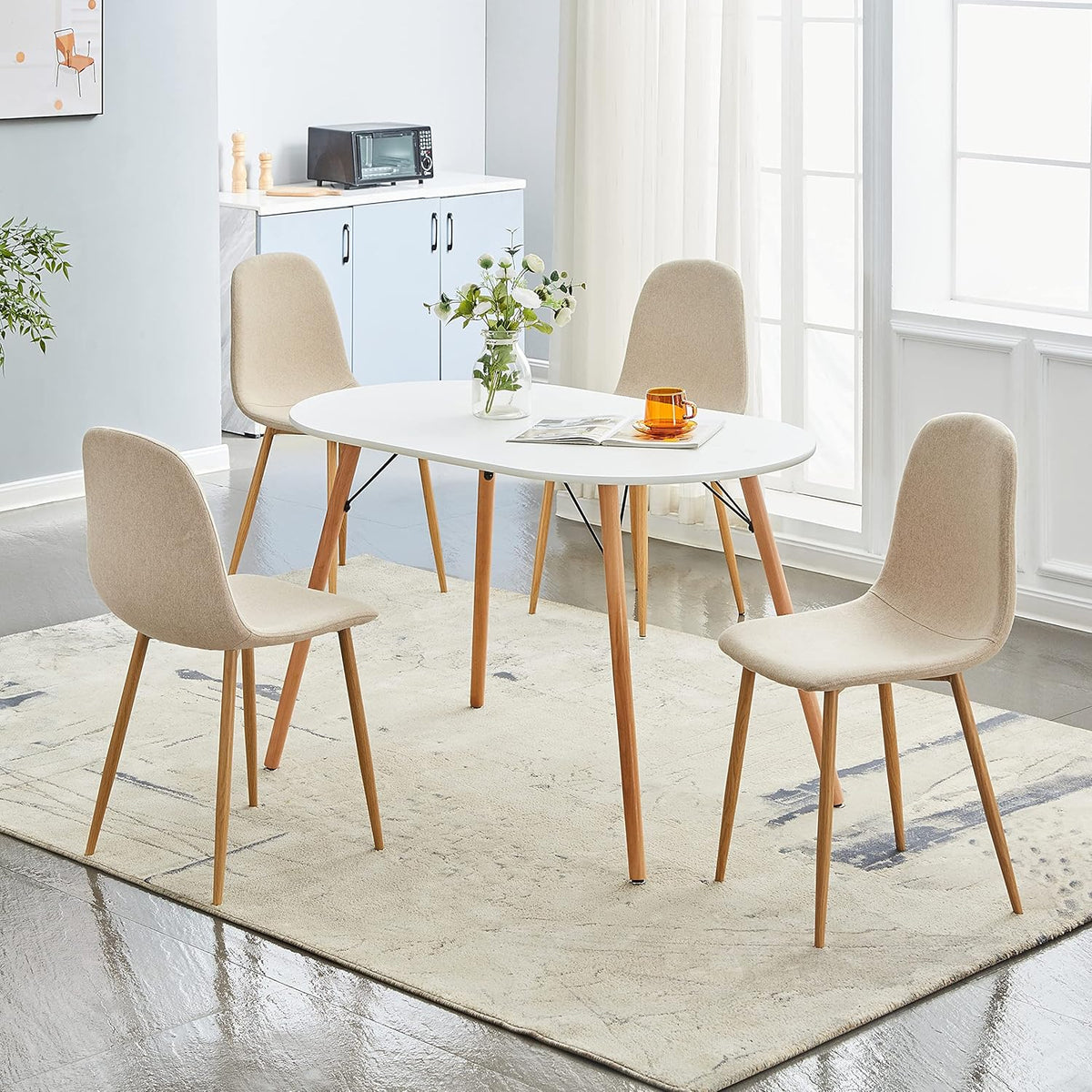 FurnitureR Set van 4 eetkamerstoelen met vierkante rugleuning van stof, kitchenette zonder fauteuil, beige