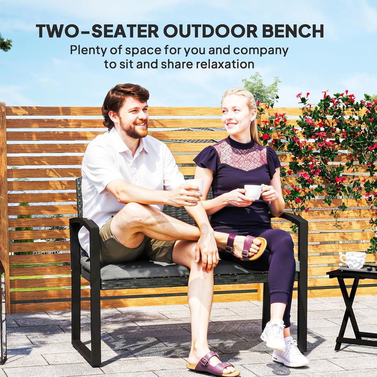 Outsunny Rattan Garden Bench 2 Seater Garden Bench with Cushion, Wicker Garden Bench with Armrests, Galvanized Steel Frame for Patio, Park, Dark Grey - QUORE