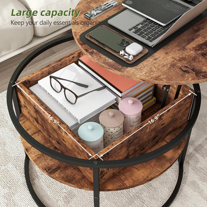 HOJINLINERO Ronde salontafel met lifttop voor woonkamer, Wsooden salontafel met verborgen opslag en lifttop, moderne sofa thee-eindtafels woonkamermeubels, bruin