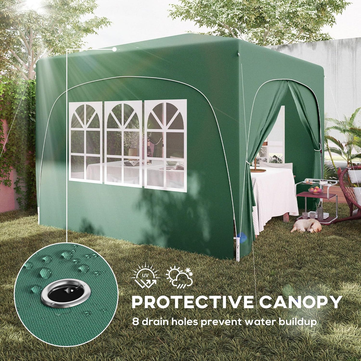 Outsunny UPF50+ 3x3 m Pop Up Gazebo with Sides and Carry Bag, UPF50+, Height-adjustable Gazebo, Instant Event Shelter for Garden, Outdoor, Patio, Dark Green - QUORE