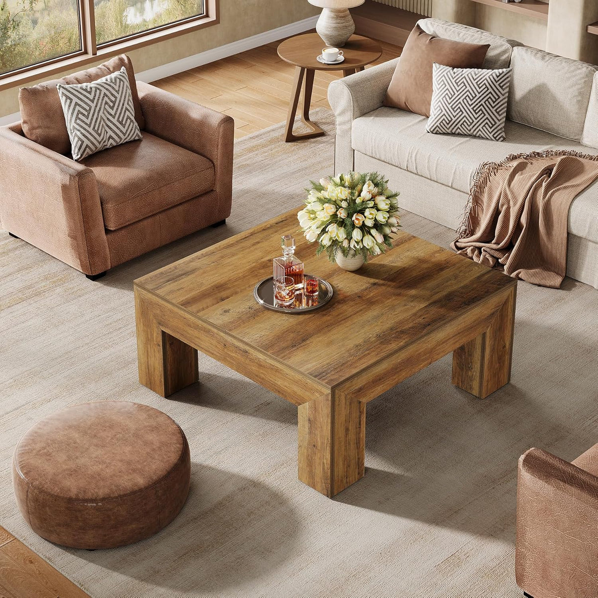 Tribesigns Coffee Table, Square Living Room Table, Coffee Table with Stable Wooden Legs for Sofa, Bedroom, 100 x 100 x 50 cm, Rustic Brown