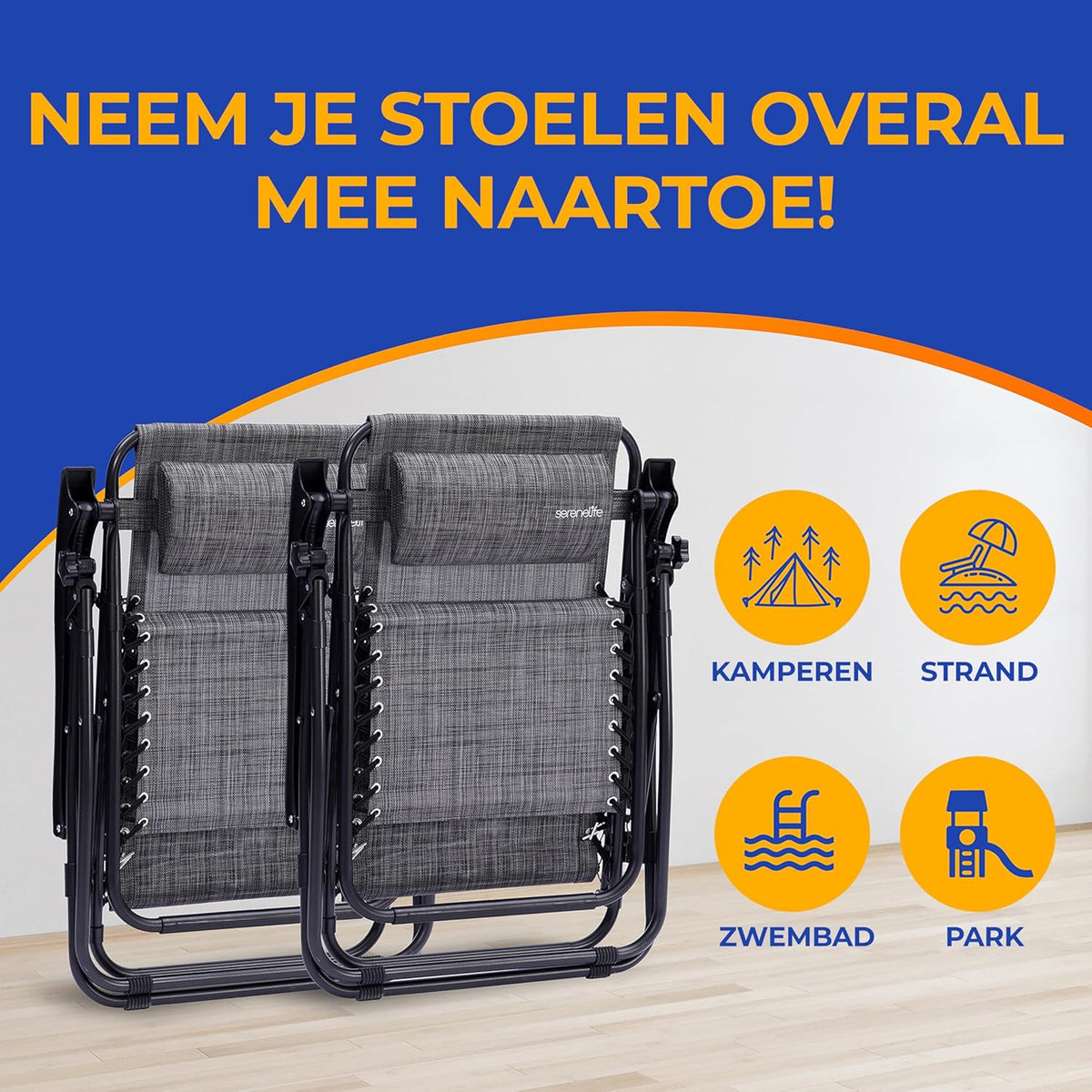 Serenelife Ligstoel, Set van 2 Ligstoelen - Verstelbare Tuinligstoelen met Zonnescherm,Zijtafel,Bekerhouders, Afneembare Kussens - Opvouwbare en Draagbare Loungestoelen voor Terras,Tuin,Strand - Grijs