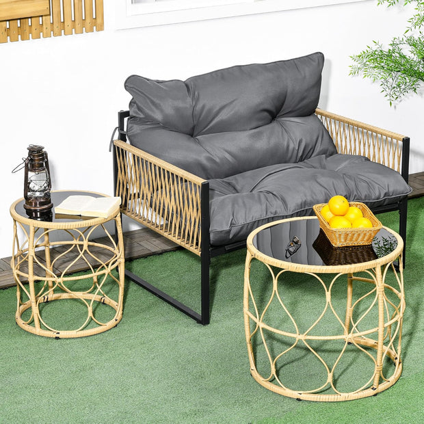 Tuintafel - Tuintafel Rond - Bijzettafeltje - Set van 2 - Rattenbijzettafel - Bistrotafel, Salontafel - met Glazen Tafelblad - Boho-Stijl - voor Terras - Tuin - Φ55 x 51 cm & Φ43 x 47 cm - Khaki/Zwart