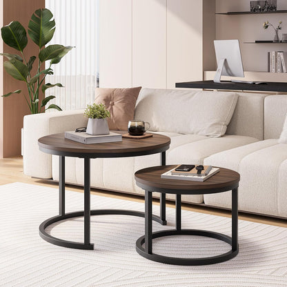 HOJINLINERO Set van 2 ronde nestels, stapelbank, bijzettafel, voor woonkamer, slaapkamer, kantoor, balkon, appartement (walnoot)
