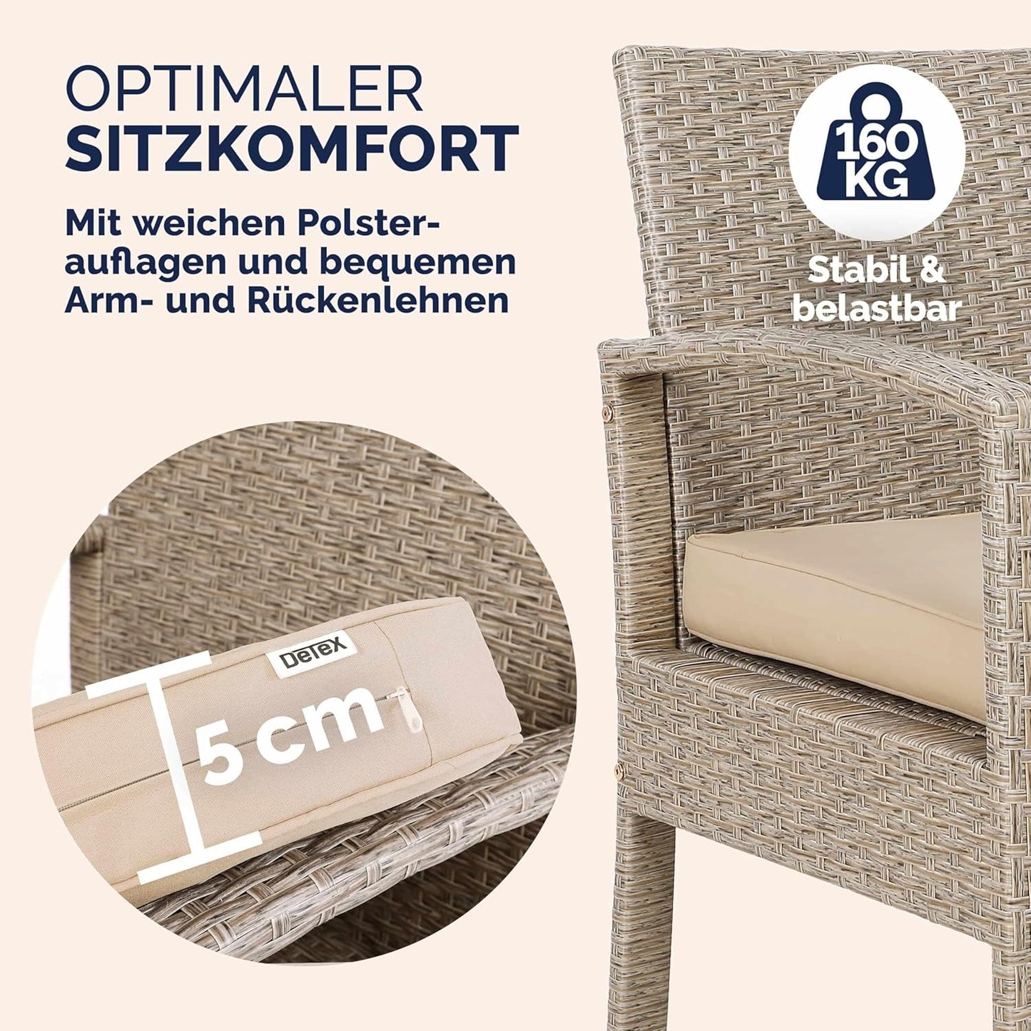 CASARIA® Garden furniture set weatherproof 4 people outdoor incl. cushions polyrattan 2 armchairs garden bench table garden terrace balcony furniture lounge cream - QUORE