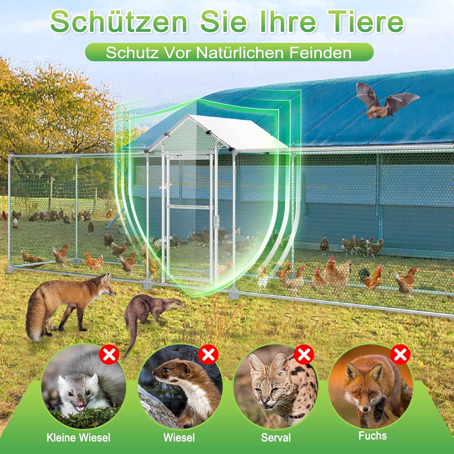 LILIIN Free Run Hen Coop Galvanised Steel Frame Chicken Coop Outdoor Entrance for Pet Cage, Bird Cage, Small Animals, with Lock and PVC Coated Roof, 400 x 100 x 150 cm - QUORE