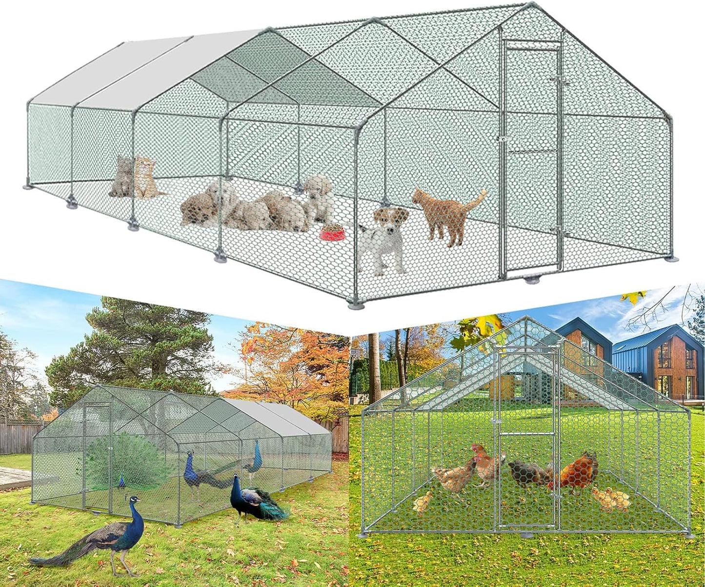 Kippenhok – Kippenren – Pluimveeverblijf – Buitenhok – Konijnenren – Groot 3x8x2m – Gegalvaniseerd Staal – Waterdichte PE-Cover