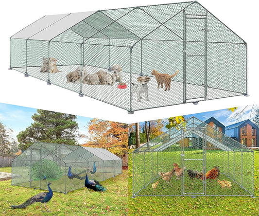 Kippenhok – Kippenren – Pluimveeverblijf – Buitenhok – Konijnenren – Groot 3x8x2m – Gegalvaniseerd Staal – Waterdichte PE-Cover