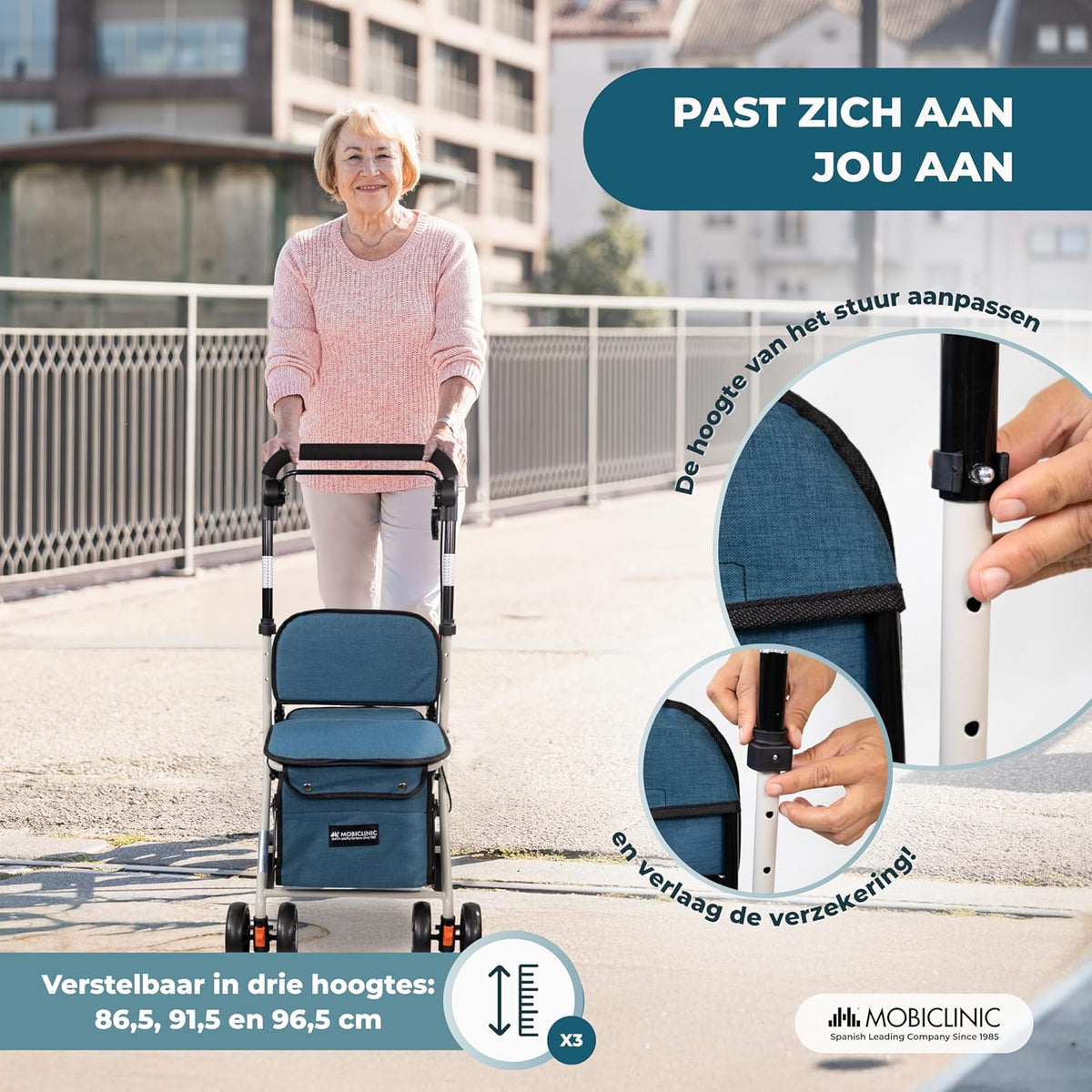 Mobiclinic®, Opvouwbare Rollator, Boodschappenkar met Zitting, Coliseum, Enkele Hendel, Staal, Grote Mand, Rugleuning en Vulling, Remsysteem, 360º Wielen