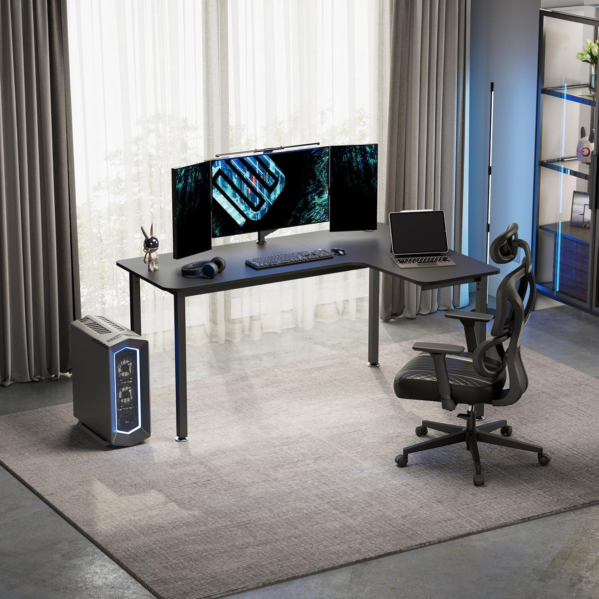 Eureka Ergonomisch gaming-bureau. 155 cm Hoekbureau groot L-vormig gaming computerbureau met kabel management systeem en muismat voor thuiskantoor. Zwart, rechts