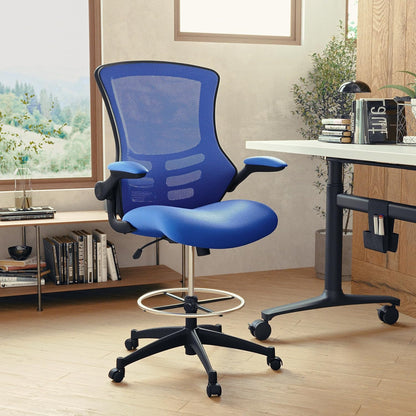 Flash Furniture Tekenstoel met middelhoge rugleuning, ergonomische bureaustoel met opklapbare armleuningen en verstelbare voetring, perfect voor thuiskantoor, blauw