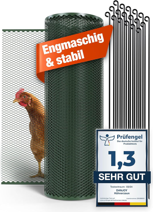 Chicken fence, 120 cm high, 25 m long, the fence for dogs or small animals is particularly tight mesh, stable - no sagging, 20 x fixings, dog fence garden - green