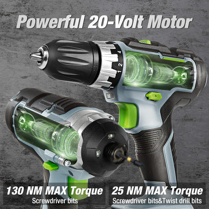 WORKPRO 2-piece cordless screwdriver impact screwdriver set 20 V 2.0 Ah, 2 batteries and charger incl. - QUORE