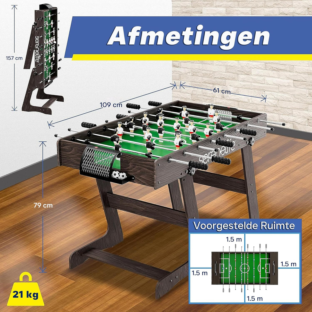 Tafelvoetbalspel – Kickertafel – Voetbaltafel – Speeltafel – Ruimtebesparend model – Inklapbaar ontwerp – Stabiele metalen constructie – Antislip handgrepen