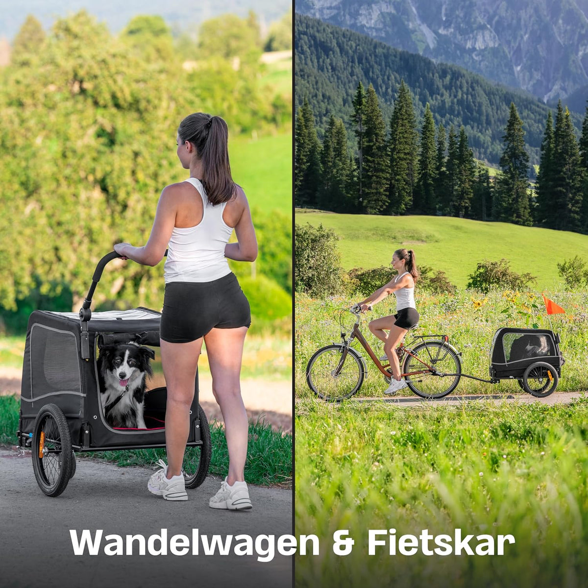 Hondenfietskar - Hondenkar - Opvouwbaar - Voor Kleine en Grote honden - max. 30kg - 2-in-1 Hondenfietskar voor Fiets naar Hondenbuggy - Geschikt voor E-Bikes en Normale Fietsen