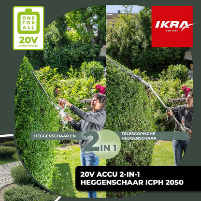 IKRA 2in1 heggenschaar zonder kabel ICPH 2050 met telescoopsteel voor hoge heggen, incl. 2x 20V accu, snellaadstation & schouderriem