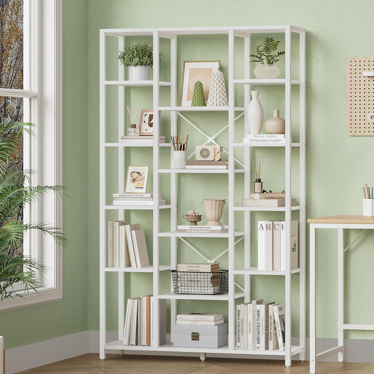Hzuaneri Bookcase, 6 Tier Standing Shelf, 15 Shelves, Adjustable Open Shelves, for Living Room, Office, Bedroom, 30 x 100 x 170 cm, White, BC15013W