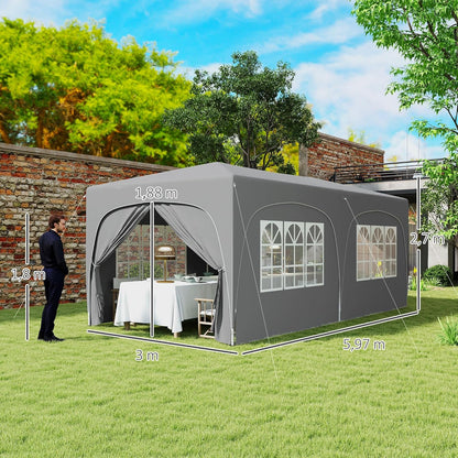 Outsunny Pavillon approx. 3x6m, wasserabweisend Stabil Winterfest Pop-up Faltpavillon, UV Schutz 50+, Faltbar Partyzelt Gartenzelt mit 6 Seitenteilen Tasche Gartenpavillon für Camping Garten, Hellgrau - QUORE