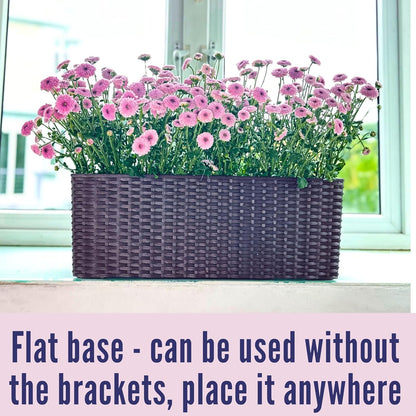 LaLaGreen Outdoor Rail Planter for Balcony (2 Pieces, 50 cm) Large Black Self-Watering Railing Planters with Brackets, Rectangular Plastic Window Flower Box Fence Designer Choice with Rattan Pattern - QUORE