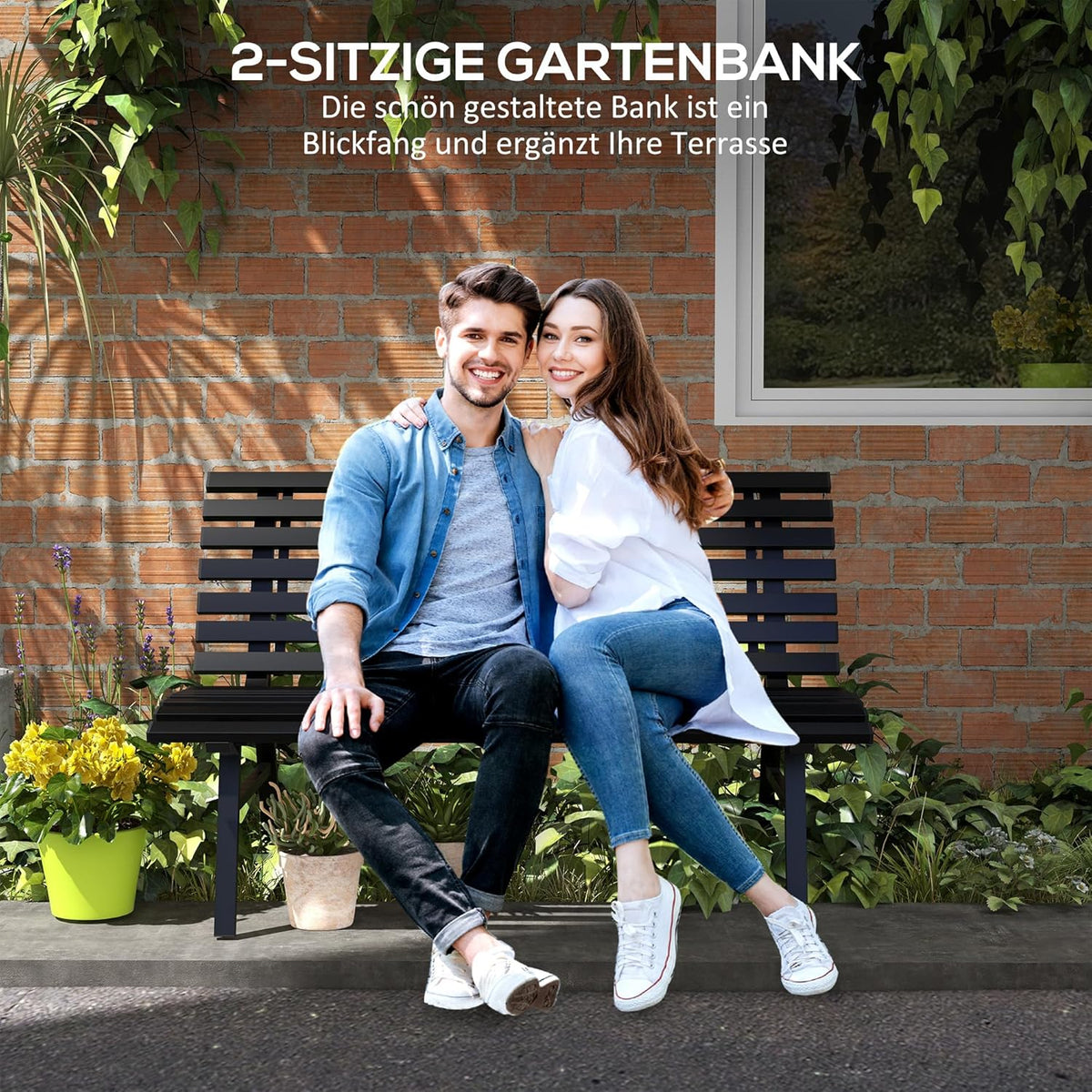 Outsunny 2-Sitzer Garden Bench Alu, wetterfest Sitzbank, UV-Resistant Gartenmöbel mit Lamellen-Design, Parkbank 240 kg load bar, Balcony Bench for Balcony Terrasse, Garten, 123x67x79 cm, Grau