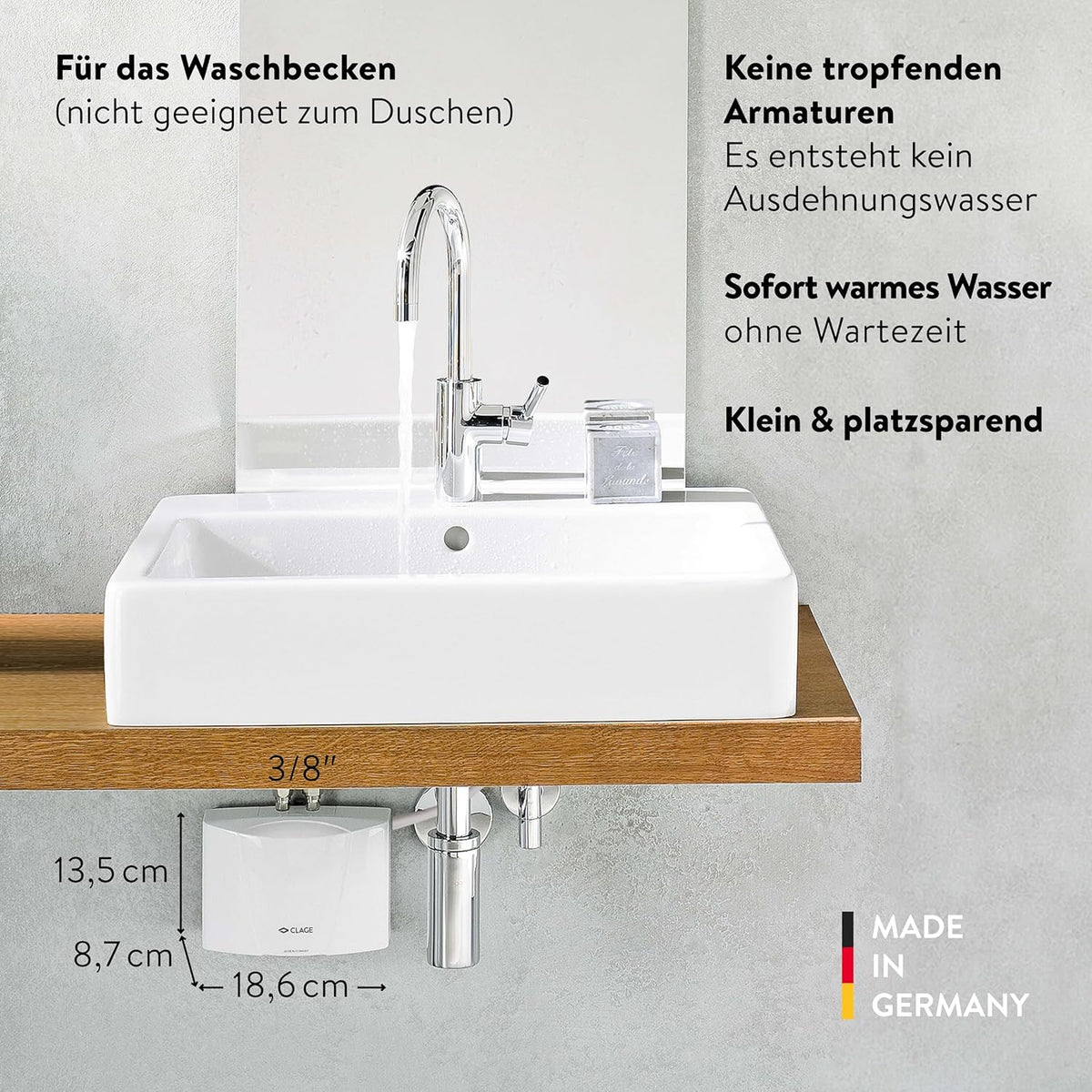 CLAGE M4 hydraulische kleine doorstroomboiler, alleen voor wastafel, 4,4 kW, zonder stekker, 230 V vaste aansluiting, alleen voor drukloze armaturen [energieklasse A]