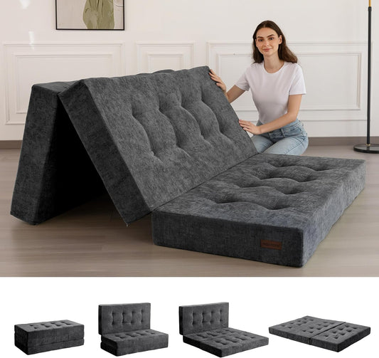 MAXYOYO Opvouwbare Matras Eenpersoons, 15 cm Comfortabele Opvouwbare Matras Met Chenille-Stof, Driekwijd Vloer Futon Bank Bed Voor Gast, Vouwmatras Topper Voor Camping, Grijs, Dubbel