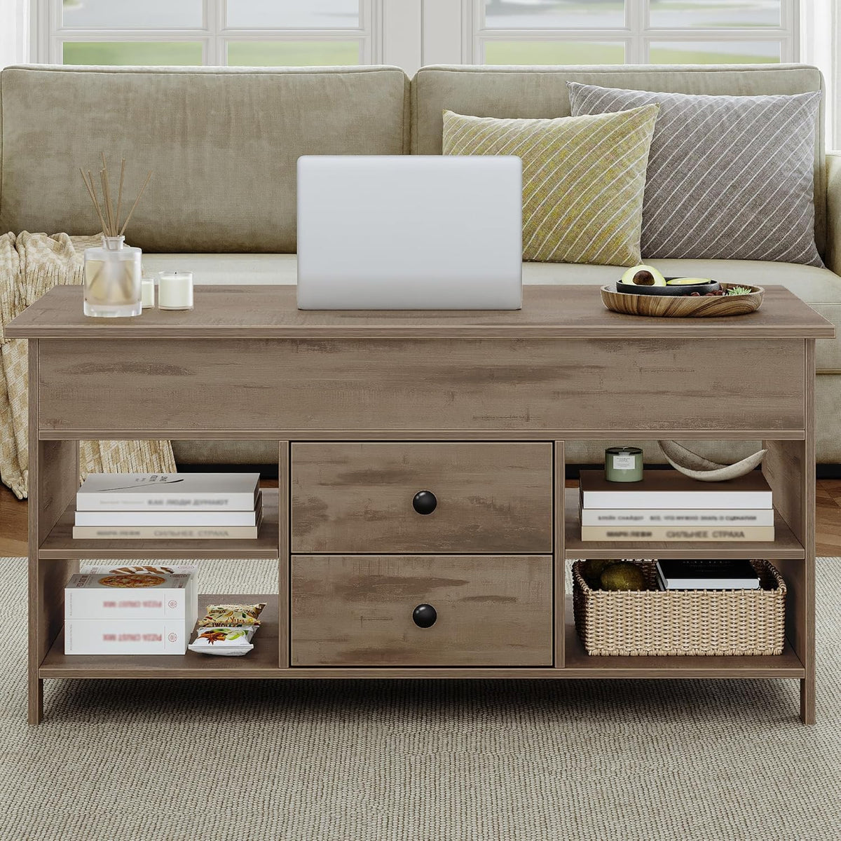 Hzuaneri Coffee Table, Height Adjustable Coffee Table, 2 Drawers and Hidden Storage with Folding Top, 50 x 100 x 47.3 cm, Suitable for Living Room, Dining Room, Camel Brown-Black CT22123B