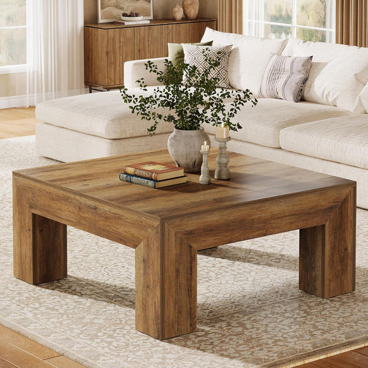 Tribesigns Coffee Table, Square Living Room Table, Coffee Table with Stable Wooden Legs for Sofa, Bedroom, 100 x 100 x 50 cm, Rustic Brown