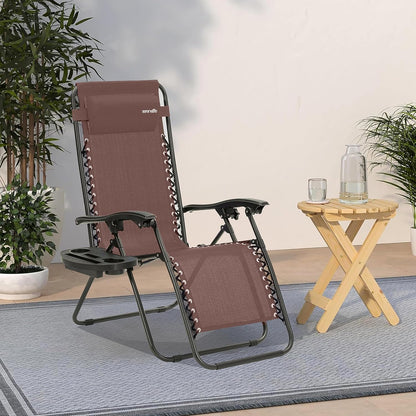 Serenelife Sun Lounger, Set of 2 Sun Loungers - Adjustable Garden Loungers with Side Table, Cup Holders, Removable Cushions - Foldable and Portable Lounge Chairs for Patio Garden Beach - Brown - QUORE